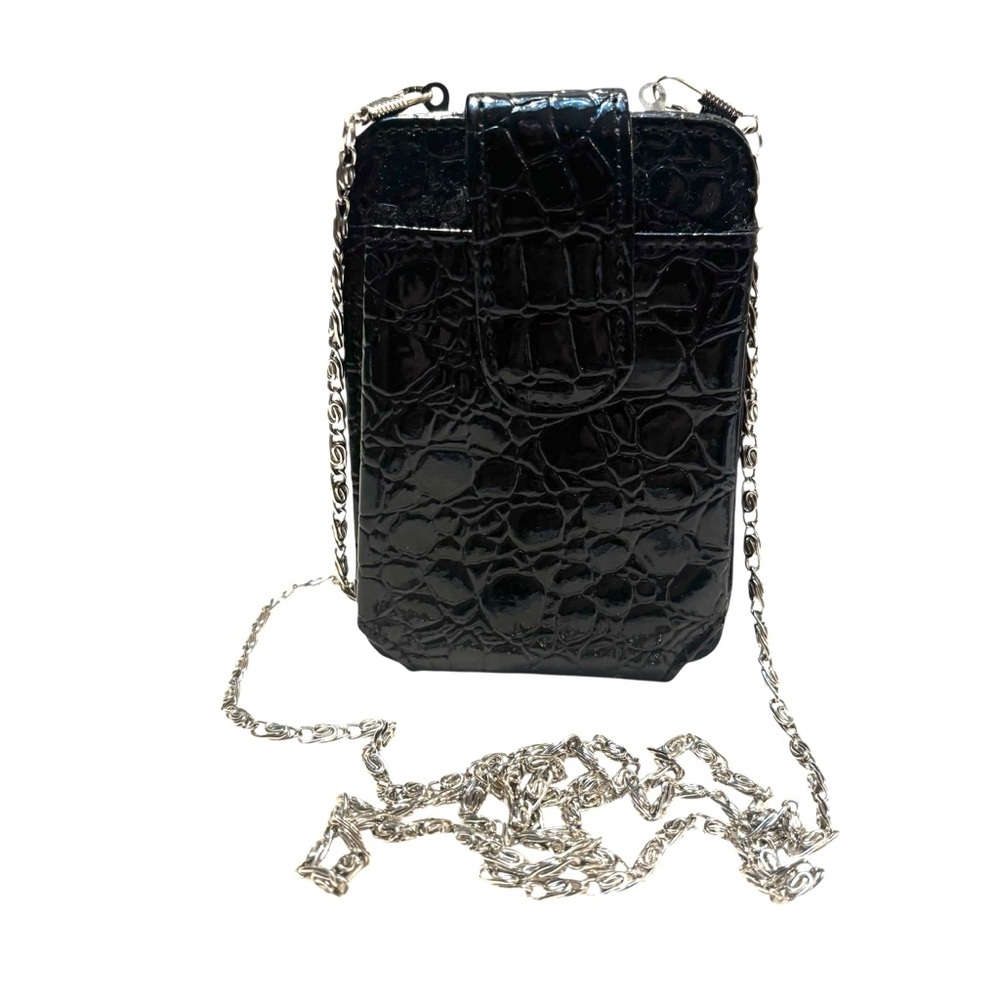 Vintage Crossbody Bag /Wallet Black Croc-Embossed Faux Patent Silver Chain